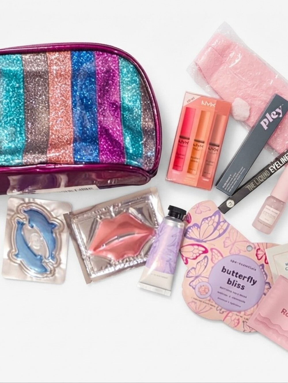 NWOT L'Bri Glitter Stripe Cosmetic Bag, Skincare and Make-Up Items